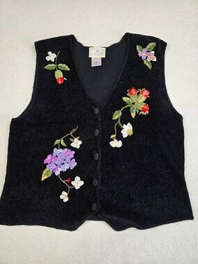 Vintage Susan Bristol Black Knit Vest Floral Embroidery Medium Wool Blend
